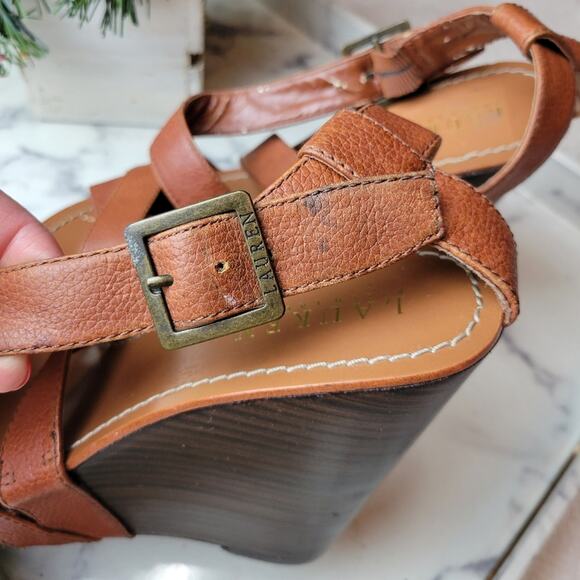 RALPH LAUREN Brown Open Toe Strappy Platform Wedges Size 8.5 - Picture 10 of 12